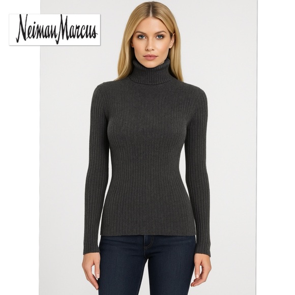 Neiman Marcus 100% Cashmere Ribbed Fitted Turtleneck...